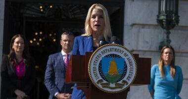 Attorney General Pam Bondi, front, with Agriculture Secretary Brooke Rollins, back left to right, Secretary of Defense Pete Hegseth and Arkansas Gov. Sarah Huckabee Sanders, speaks during a news conference at the Department of Agriculture to rollout the USDA'S National Farm Security Action Plan and discuss actions being taken to protect American agriculture from foreign threats in Washington, Tuesday, July 8, 2025. (AP Photo/Manuel Balce Ceneta)