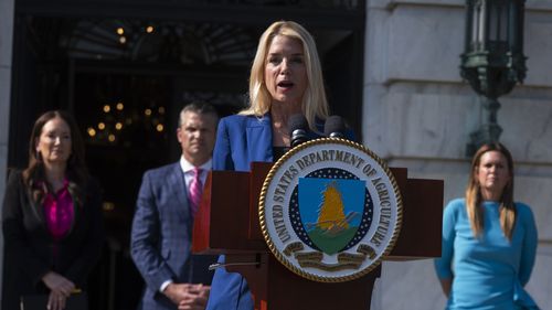 Attorney General Pam Bondi, front, with Agriculture Secretary Brooke Rollins, back left to right, Secretary of Defense Pete Hegseth and Arkansas Gov. Sarah Huckabee Sanders, speaks during a news conference at the Department of Agriculture to rollout the USDA'S National Farm Security Action Plan and discuss actions being taken to protect American agriculture from foreign threats in Washington, Tuesday, July 8, 2025. (AP Photo/Manuel Balce Ceneta)