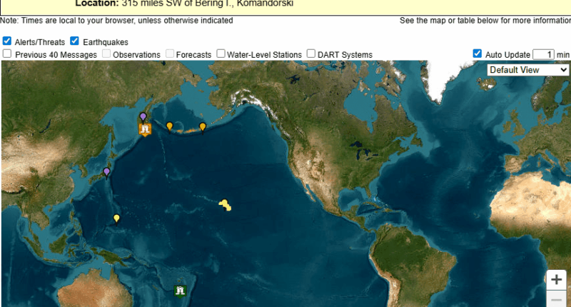 Map of tsunami advisory showing magnitude 8 earthquake location and affected areas.