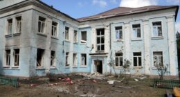 Damaged nursery school in Kyiv, Ukraine, after a missile and drone attack.