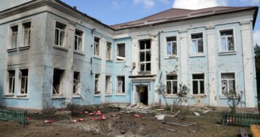 Damaged nursery school in Kyiv, Ukraine, after a missile and drone attack.