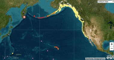 This map shows the areas under a tsunami warnings and watches following a historic earthquake in Russia on July 29, 2025. (National Weather Service)