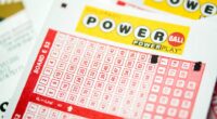 Close-up of Powerball lottery tickets with Quick Pick selections.