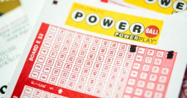 Close-up of Powerball lottery tickets with Quick Pick selections.