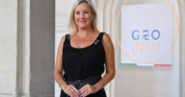 Portrait of Caroline Dinenage, Britain's culture minister, at the G20 Culture Ministers meeting.