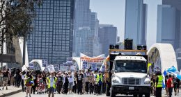 Anti-ICE Protesters Block 6th Street Bridge in Downtown Los Angeles