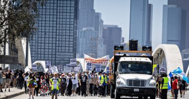 Anti-ICE Protesters Block 6th Street Bridge in Downtown Los Angeles