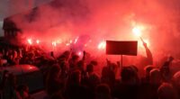 Crystal Palace fans gather at Selhurst Park to fiercely protest against UEFA's decision to kick them out of the Europa League