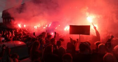 Crystal Palace fans gather at Selhurst Park to fiercely protest against UEFA's decision to kick them out of the Europa League