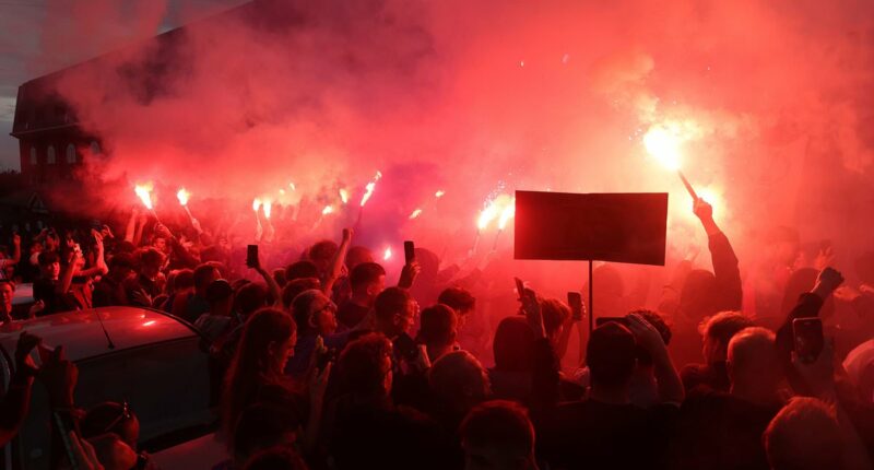 Crystal Palace fans gather at Selhurst Park to fiercely protest against UEFA's decision to kick them out of the Europa League