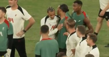 Hugo Ekitike meets new Liverpool team-mates for first time on pitch in Hong Kong after training drill that saw Mo Salah floor wantaway Luis Diaz with crunching tackle