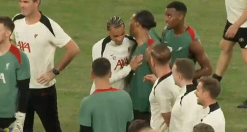 Hugo Ekitike meets new Liverpool team-mates for first time on pitch in Hong Kong after training drill that saw Mo Salah floor wantaway Luis Diaz with crunching tackle