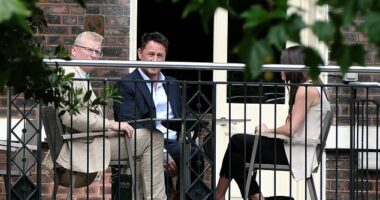 The King's communications secretary, Tobyn Andreae, Harry and Meghan's chief communications officer Meredith Maines, and Liam Maguire, who runs the Sussexes' public relations team in the UK, meet at the Royal Over-Seas League for a secret peace summit