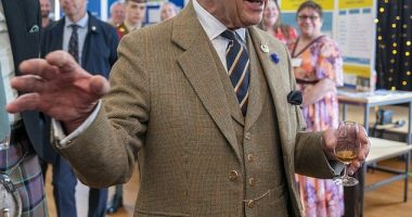 The King (pictured) has been spotted knocking back a glass of whisky in Scotland on Thursday, during a visit to Campbeltown