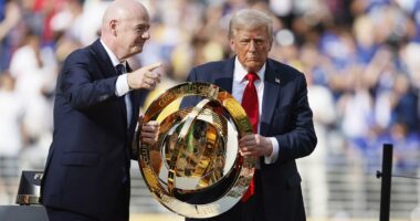 New footage shows Donald Trump taking a Club World Cup winners' MEDAL as his gatecrashing escalates as it emerges he's keeping the original trophy in the Oval Office