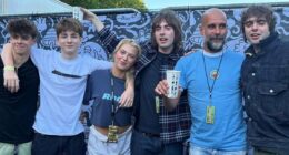Pep Guardiola parties with the Gallagher family backstage before Oasis comeback gig - as he rocks a retro Man City shirt