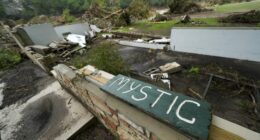 A Camp Mystic sign is seen near the entrance to the establishment along the banks of the Guadalupe River in Hunt, Texas, Saturday, July 5, 2025, after a flash flood swept through the area. (AP Photo/Julio Cortez)