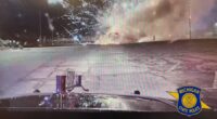 A still image from video posted by Michigan State Police shows a fire at a Haring Township firework tent. (Courtesy Michigan State Police)