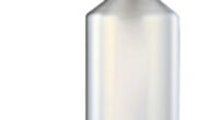 Silver stainless steel water bottle with black lid and handle.