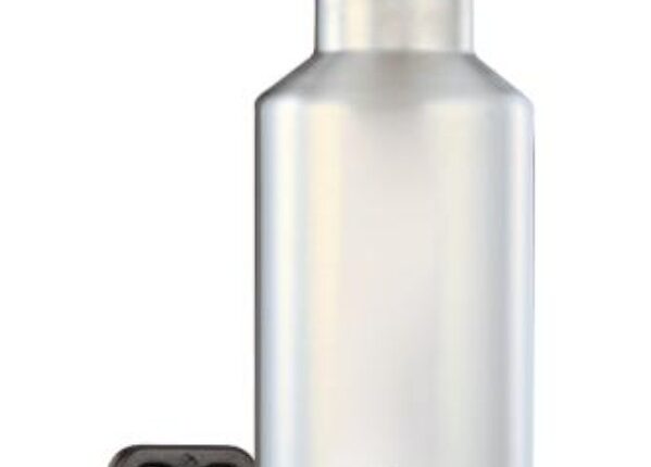 Silver stainless steel water bottle with black lid and handle.