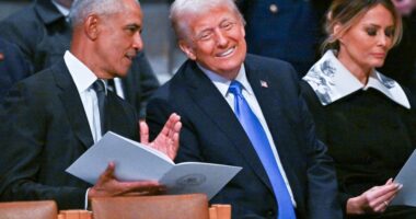 Barack Obama, Donald Trump, and Melania Trump at a state funeral.