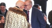 Australian Prime Minister Anthony Albanese greets Sir Tipene O'Regan with a hongi during a powhiri in Queenstown, New Zealand.