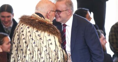 Australian Prime Minister Anthony Albanese greets Sir Tipene O'Regan with a hongi during a powhiri in Queenstown, New Zealand.