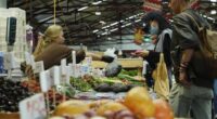 General photo of people shopping for fruits and vegetables at the Queen Vic Market.