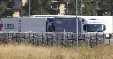 Trucks behind razor wire.