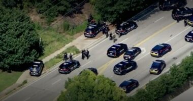 Aerial view of police cars and officers responding to an active shooter near Emory University.
