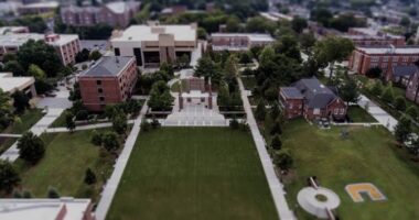 Aerial view of a university campus.