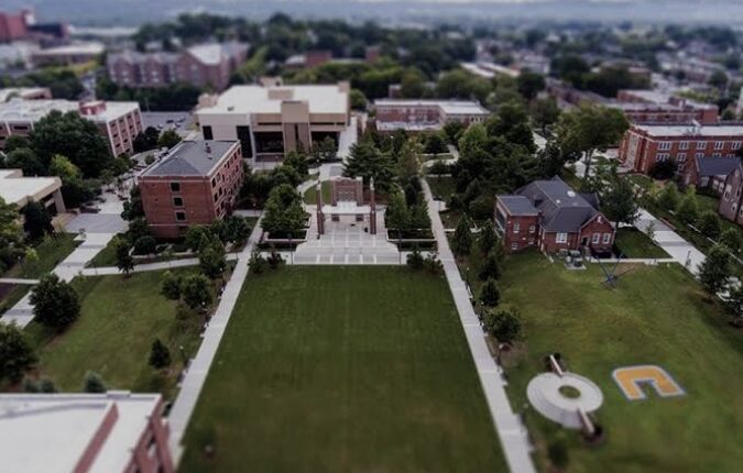 Aerial view of a university campus.