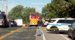 Screenshot of a crime scene with police cars and a firetruck.