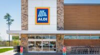Aldi supermarket exterior with parking lot reflections in the glass entrance doors.