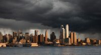 City skyline with storm clouds overhead.