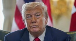 U.S. President Donald Trump talks to the media as he meets with British Prime Minister Keir Starmer at Trump Turnberry golf club in Turnberry, Scotland, Monday, July 28, 2025.