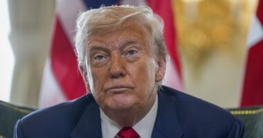U.S. President Donald Trump talks to the media as he meets with British Prime Minister Keir Starmer at Trump Turnberry golf club in Turnberry, Scotland, Monday, July 28, 2025.