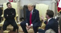 FILE - U.S. Vice President JD Vance, right, speaks with Ukrainian President Volodymyr Zelenskyy, left, as President Donald Trump listens, in the Oval Office at the White House on Feb. 28, 2025, in Washington. (AP Photo/ Mystyslav Chernov, File)