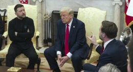 FILE - U.S. Vice President JD Vance, right, speaks with Ukrainian President Volodymyr Zelenskyy, left, as President Donald Trump listens, in the Oval Office at the White House on Feb. 28, 2025, in Washington. (AP Photo/ Mystyslav Chernov, File)