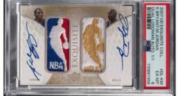 A signed sports card featuring the photos of Michael Jordan and Kobe Bryant.