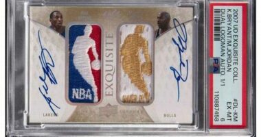 A signed sports card featuring the photos of Michael Jordan and Kobe Bryant.