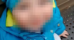 Photo of a toddler with their face blurred, wearing a blue jacket and hat.