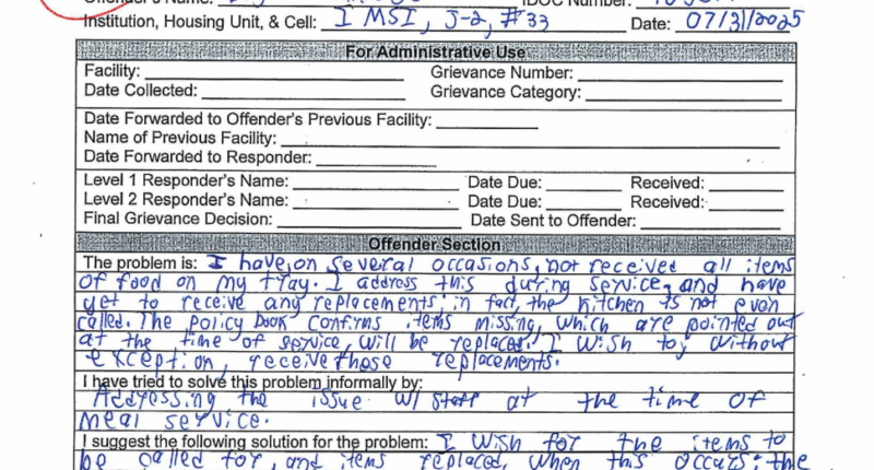 handwritten grievance by Bryan Kohberger