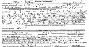hand-written complaint from Bryan Kohberger, black and white text