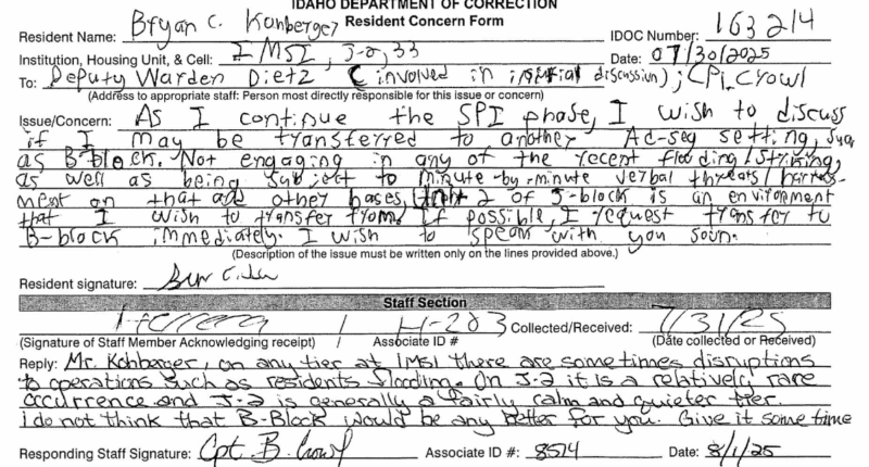hand-written complaint from Bryan Kohberger, black and white text