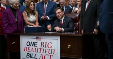 Speaker Mike Johnson (R-La.) is seen after signing the One Big Beautiful Bill Act at an enrollment ceremony on July 3, 2025. (Greg Nash/The Hill)