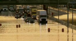 Flooded road with vehicles driving through.