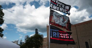 Bernie Sanders signs flying in foreground, Chicago skyscrapers in the background amid clouds