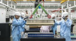 Workers on the battery pack manufacturing line at the Zhejiang Leapmotor Technology production facility in Jinhua, Zhejiang province, China