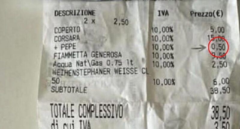 Receipt showing a €0.50 charge for adding pepper to a pizza.